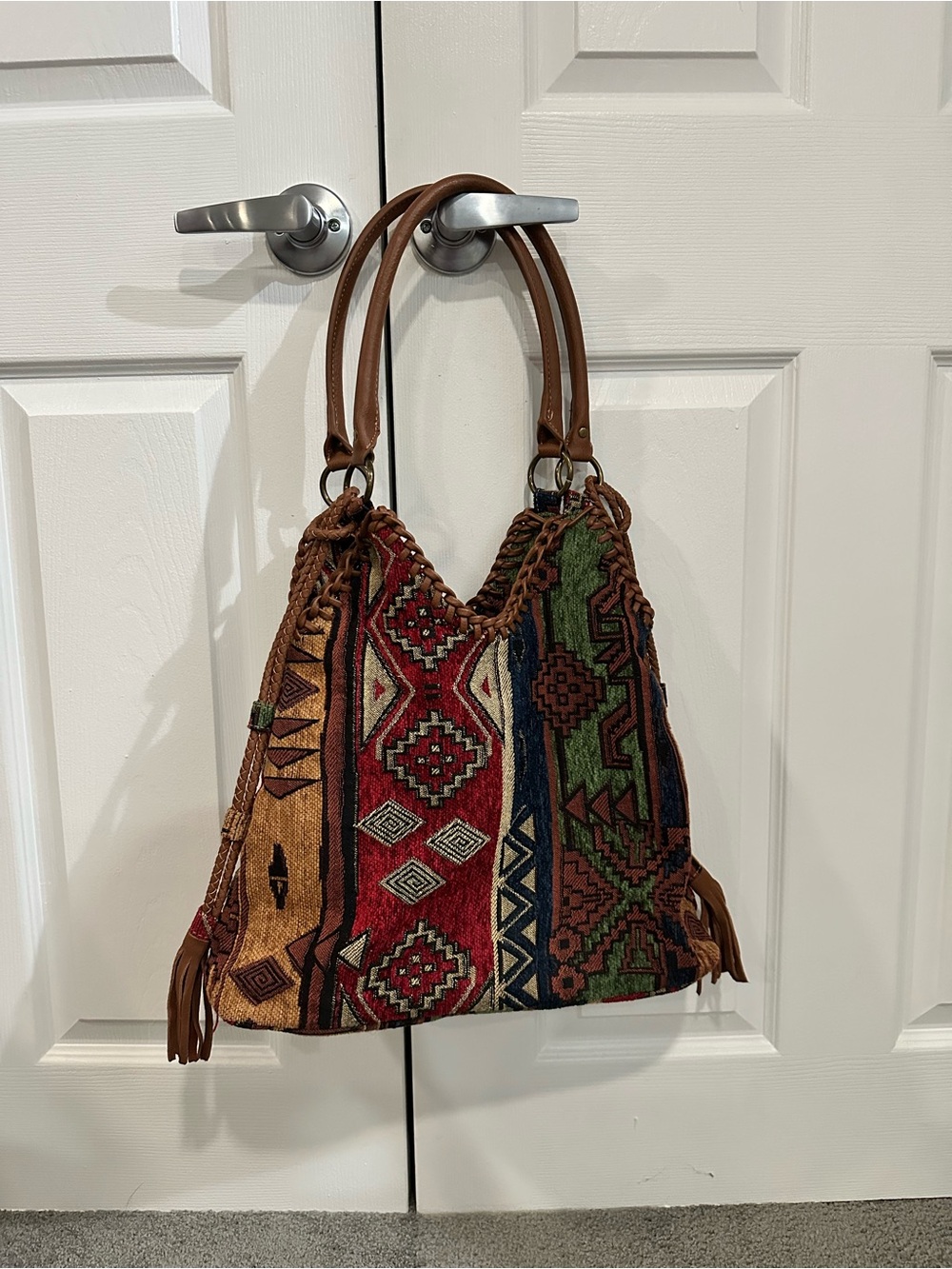 Bohemian Woven Shoulder Bag in Red, Green & Tan